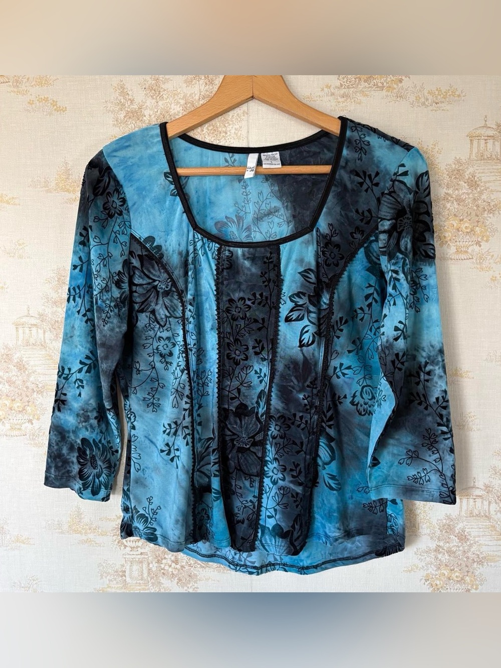 Vintage Y2K Whimsigoth Blue and Black Flocked Velvet Corset Floral Boho Top L